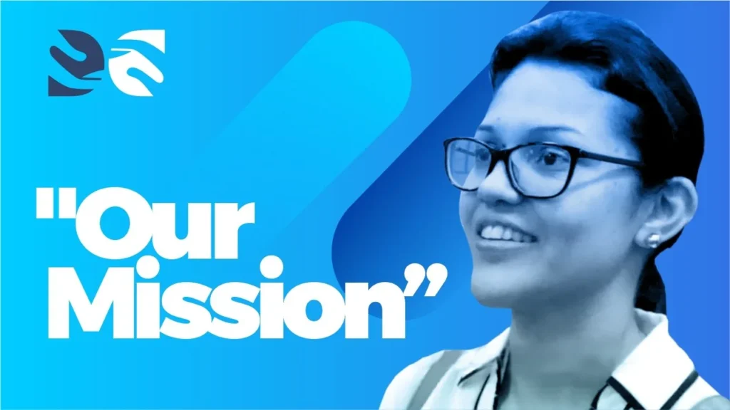 A graphic of a smiling woman in glasses with the quoted words "Our Mission"